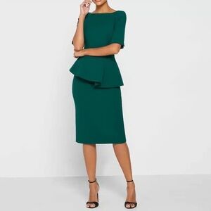 Ted Baker Romolaa Peplum Dress Short Sleeve Dark Green Size 0